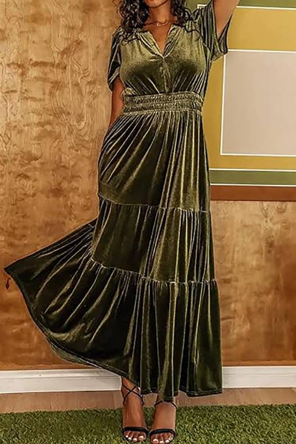 Velvet Solid V-Neck Elastic Waist Long Dress