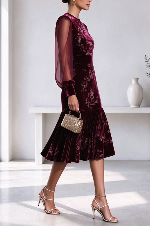 Velvet Sheer Sleeve Floral Dress