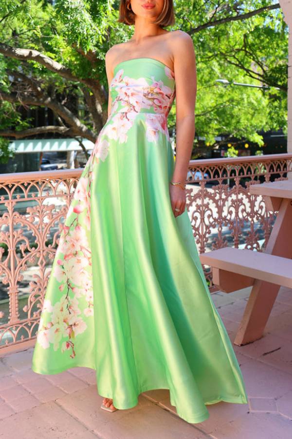 Multi-Color Floral Print Strapless Flowy Maxi Dress
