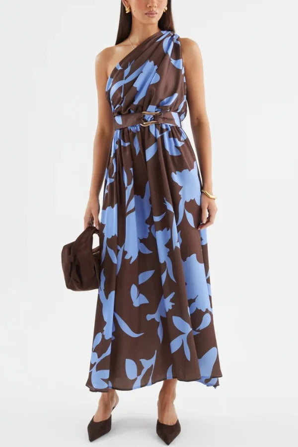 Unique Printed One-Shoulder Belt Casual Holiday Maxi Dress