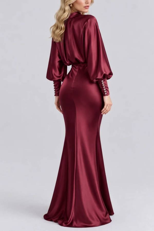High Neck Bishop Sleeve Gathered Bodice Satin Maxi Dress