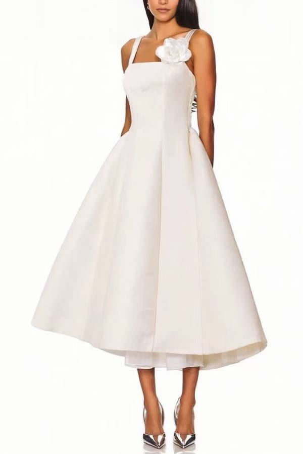 Square Neck Midi Ball Gown with 3D Rose Applique