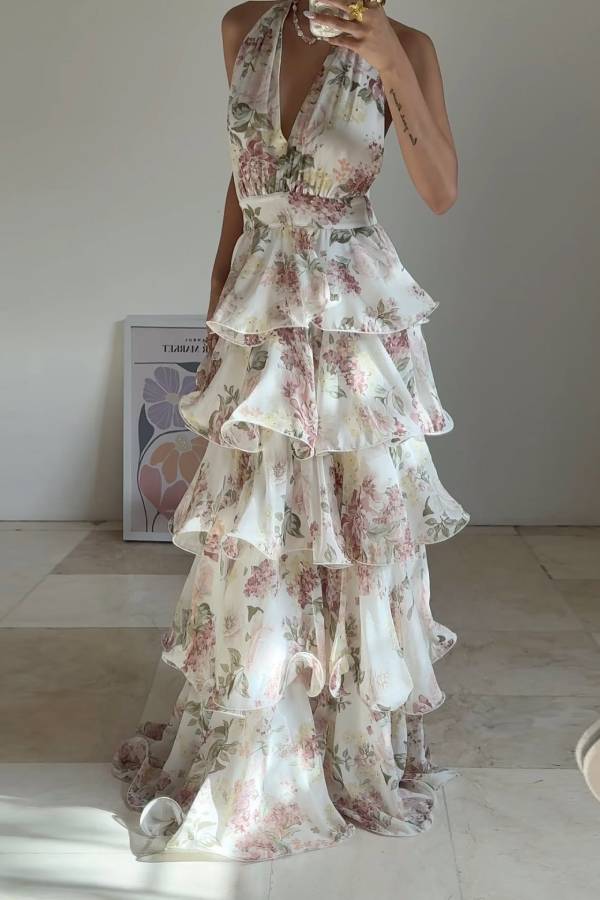 Multi-Color Floral Halter Backless Ruffle Tiered Maxi Dress