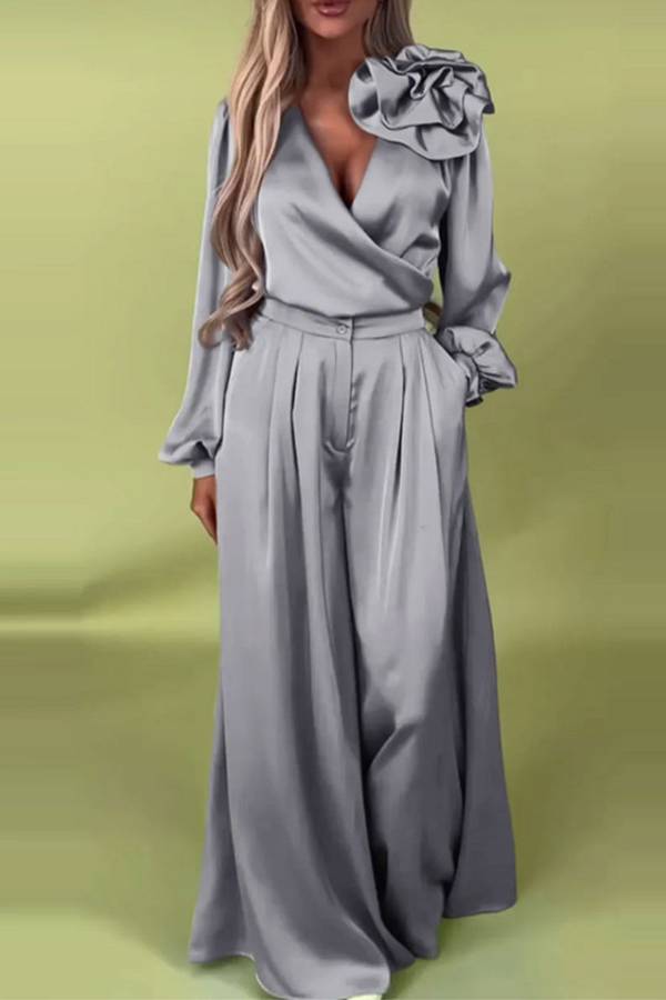 3D floral satin wide-leg pants suit