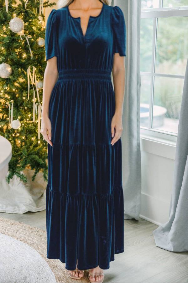 Velvet Solid V-Neck Elastic Waist Long Dress