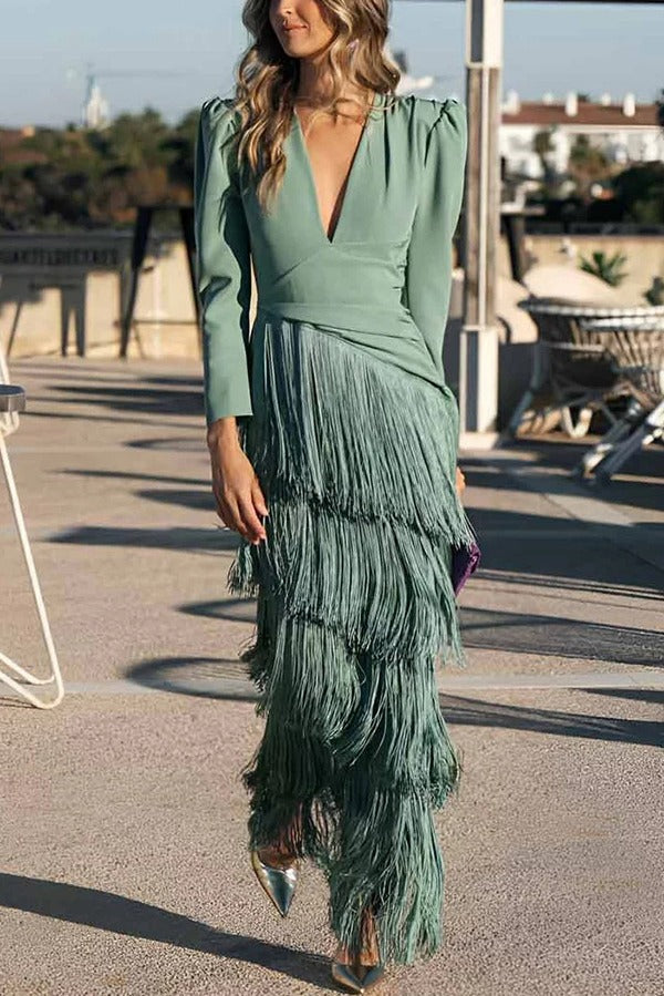 Solid Color V-Neck Long Sleeve Elegant Tassel Maxi Dress