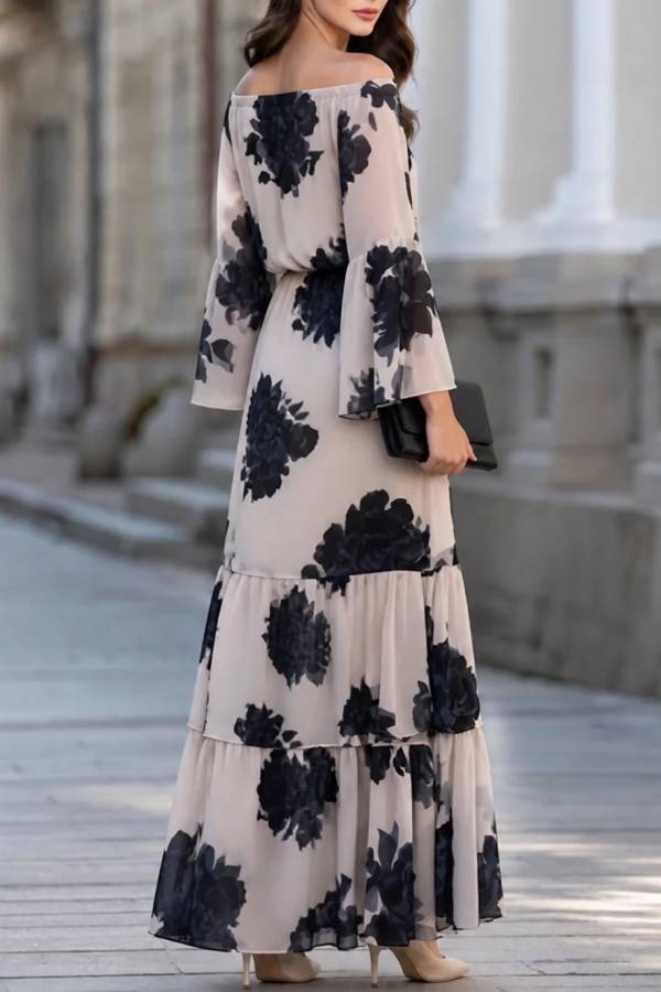 Beige Off‑Shoulder Printed Ruffle Hem Elegant Maxi Dress