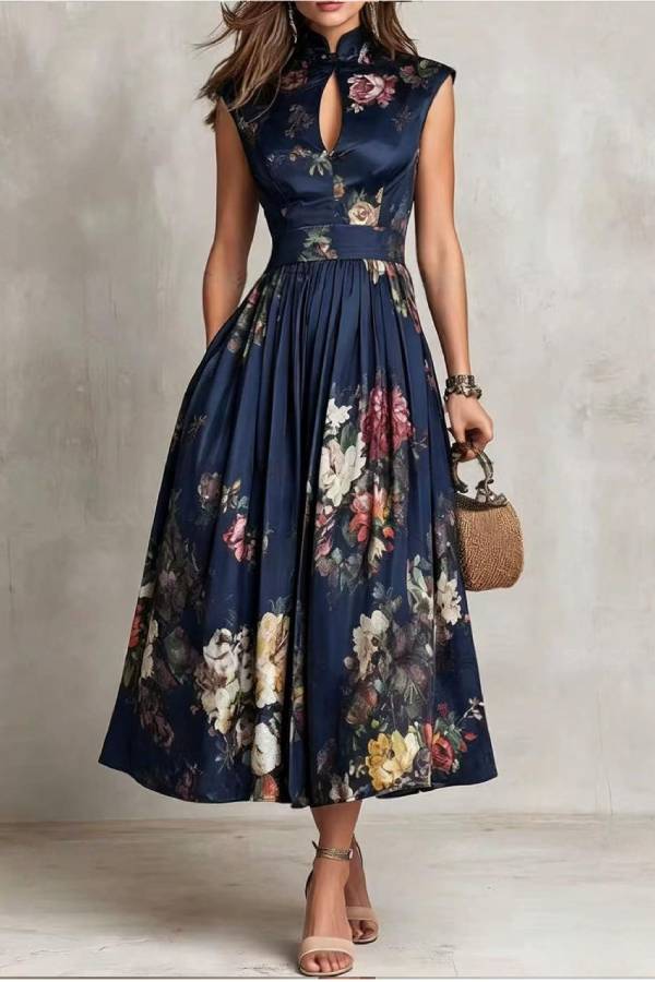 New Chinese Keyhole Cutout Satin Floral Print Midi Dress