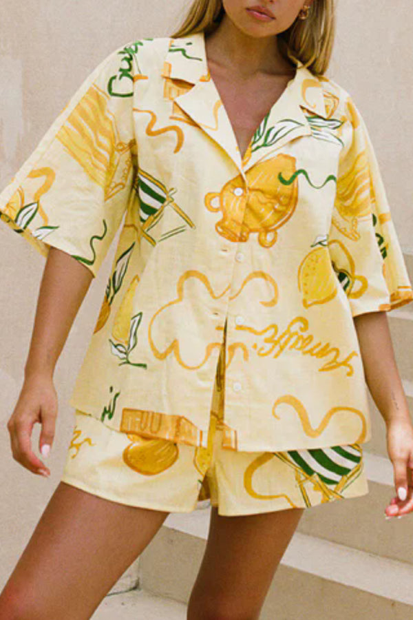 Casual Lemon Graffiti Two -piece Suit