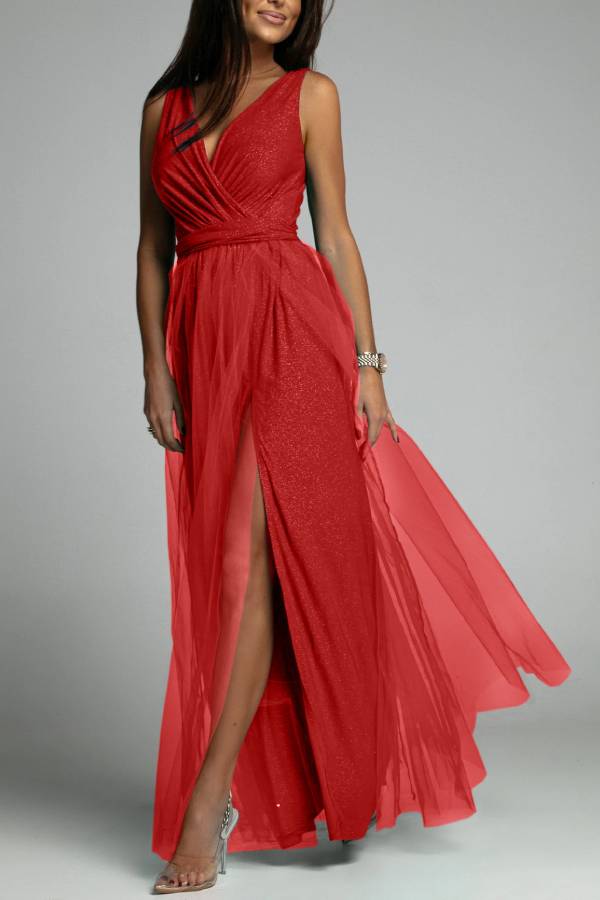 V-neck shiny high-slit long dress