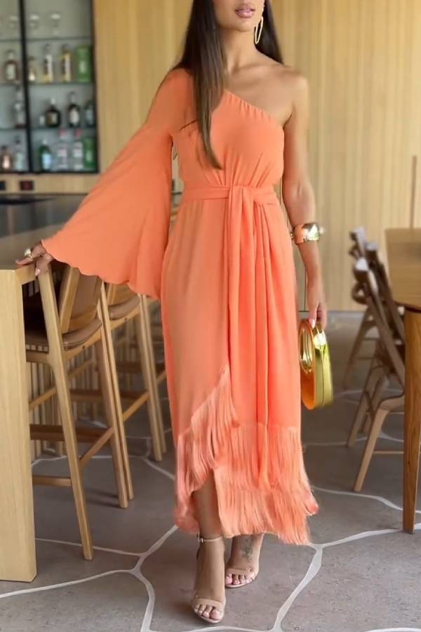 One‑Shoulder Bell Sleeve Fringe Midi Evening Dress