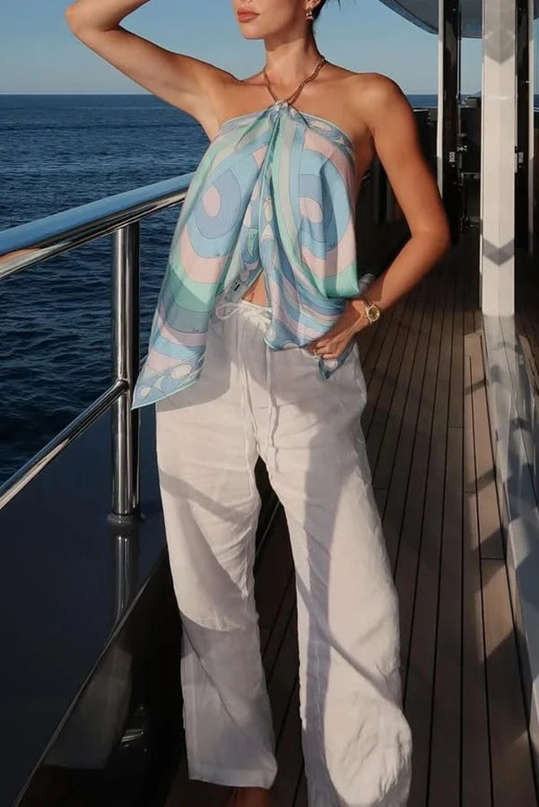 Artistic Girl Satin Unique Print Metal Chain Halter Draped Scarf Tank
