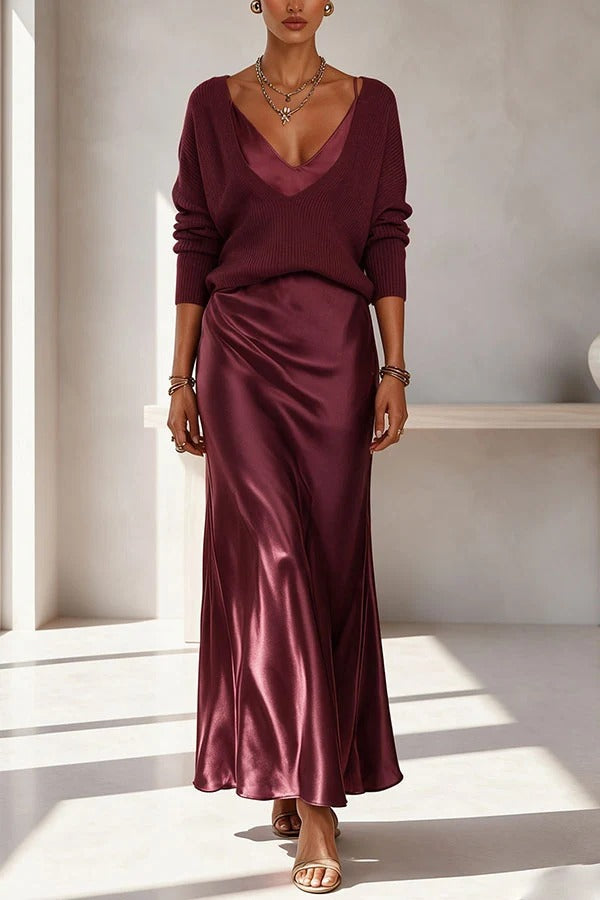 Velma Ribbed Knit V-neck Long Sleeve Relaxed Sweater and Satin Slip Midi Dress
