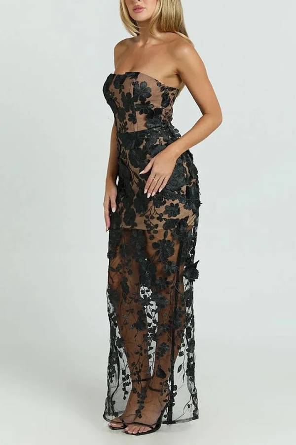 Sienna Floral Embroidered Fabric Off Shoulder Mermaid Silhouette Slit Maxi Dress
