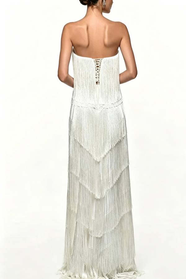 Party Queen Layered Tassel Design Off Shoulder Back Tie-up Maxi Dress