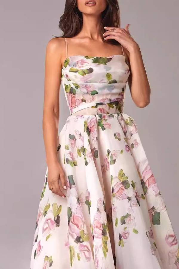Strapless Floral Oil-Print Swing Midi Dress