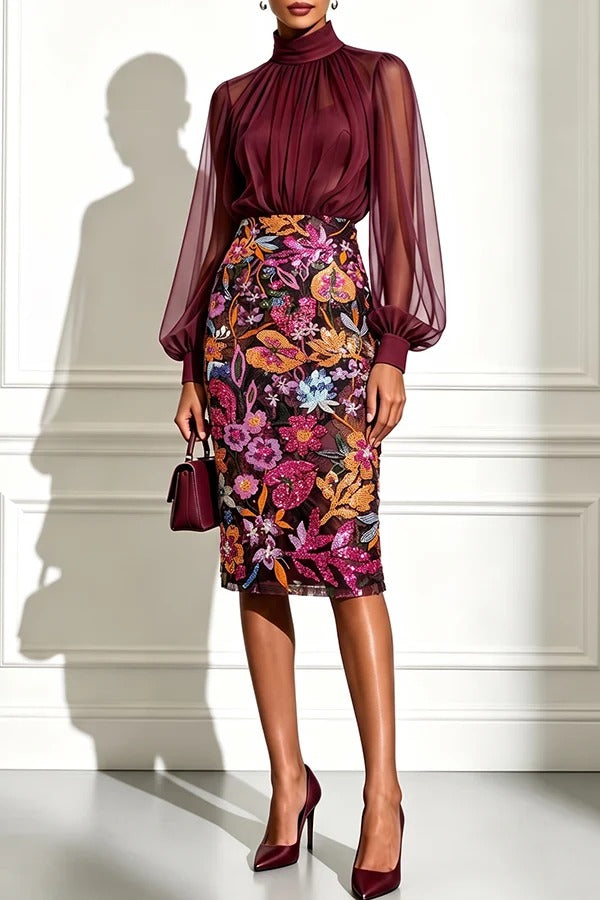 Analie Chiffon High Neck Lantern Sleeve Floral Sequined Hem Sheath Midi Dress