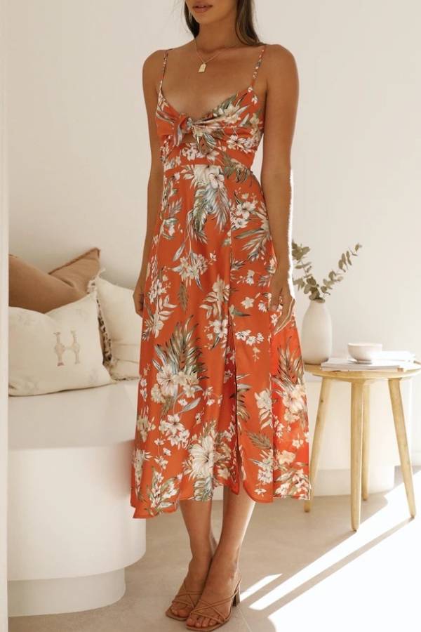 Tropical Floral Twist-Front Cutout Slit Maxi Dress
