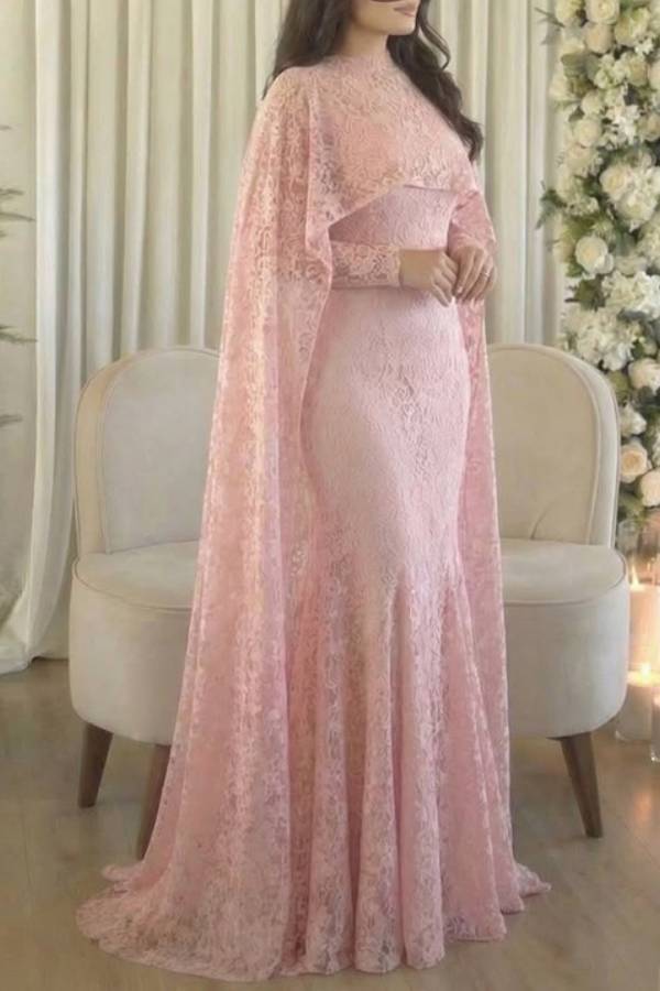Cape Sleeve Lace Mermaid Evening Gown
