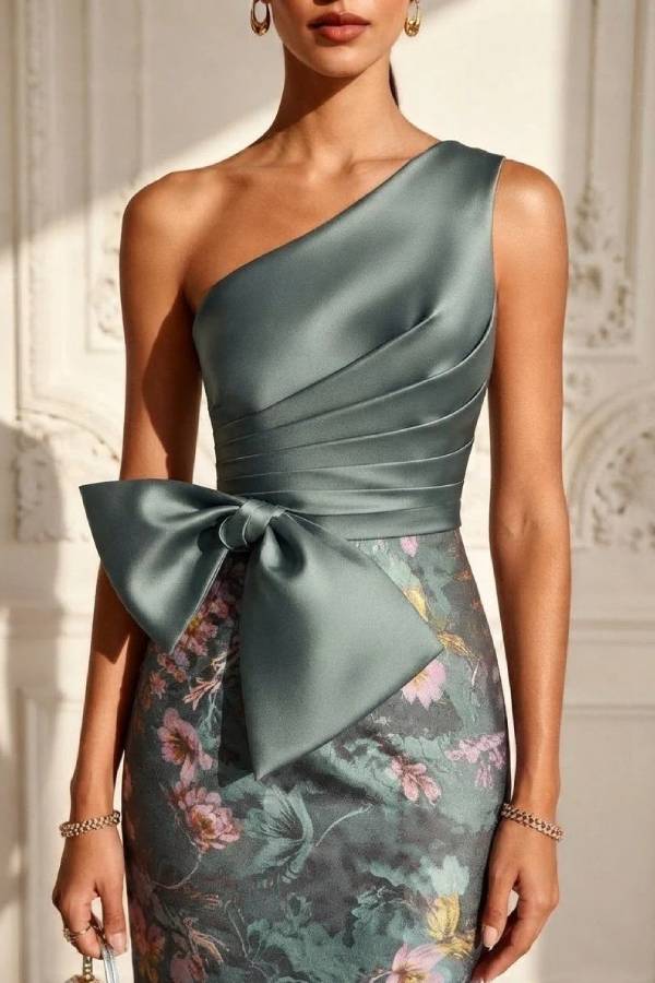 Cyan Jacquard Bow Satin One Shoulder Sleeveless Maxi Dress