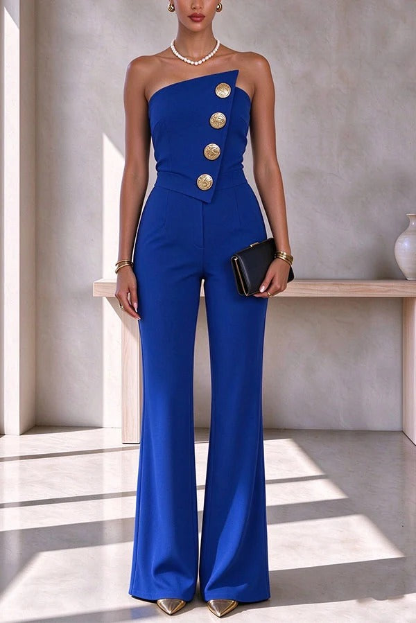Sexy Strapless Button Embellished Flared Leg Jumpsuit
