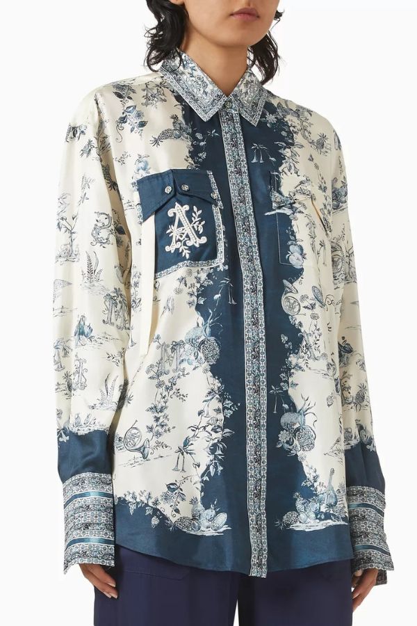 Bohemian Elegant Satin Contrast Color Unique Print Button Up Pocket Loose Blouse