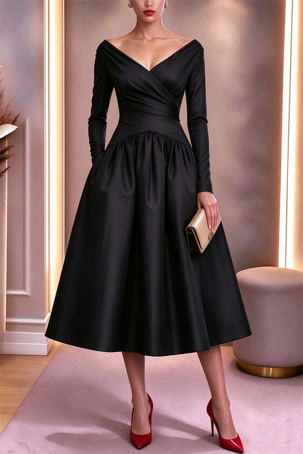 Evening Gown Satin V-neck Long Sleeve Fitted Waist Pocket Full Flared Midi Dress