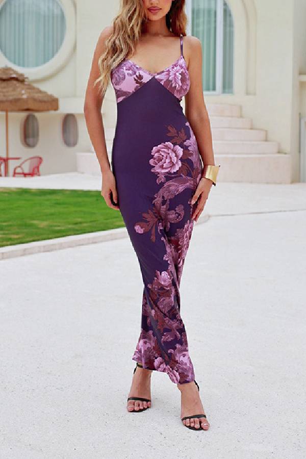 Thin Strap V-Neck Stretch Drape Printed Slim-Fit Bodycon Maxi Dress