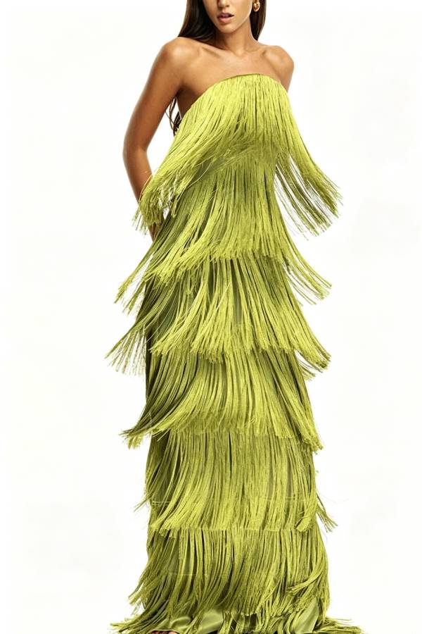 Party Queen Layered Tassel Design Off Shoulder Back Tie-up Maxi Dress