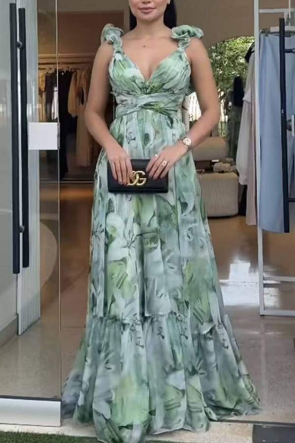 Whimsy Grace Tulle Floral Ruffle Detail Back Lace-up Pleated Maxi Dress