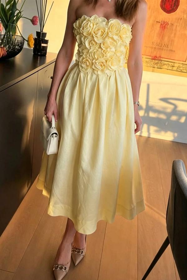 Seraphina 3D Rosette Strapless Midi Dress
