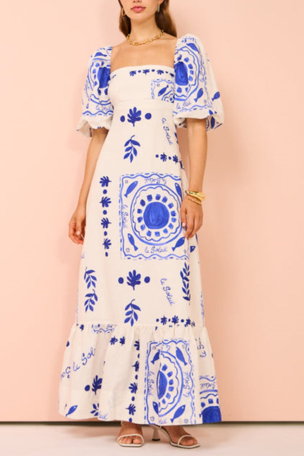 Elegant Blue Graffiti Bishop Sleeve Maxi Dress