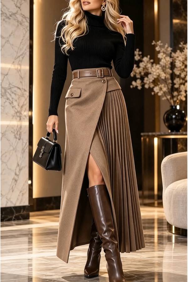 Distinctive Style High Rise Pocketed Pleated Hem Slit Maxi Skirt