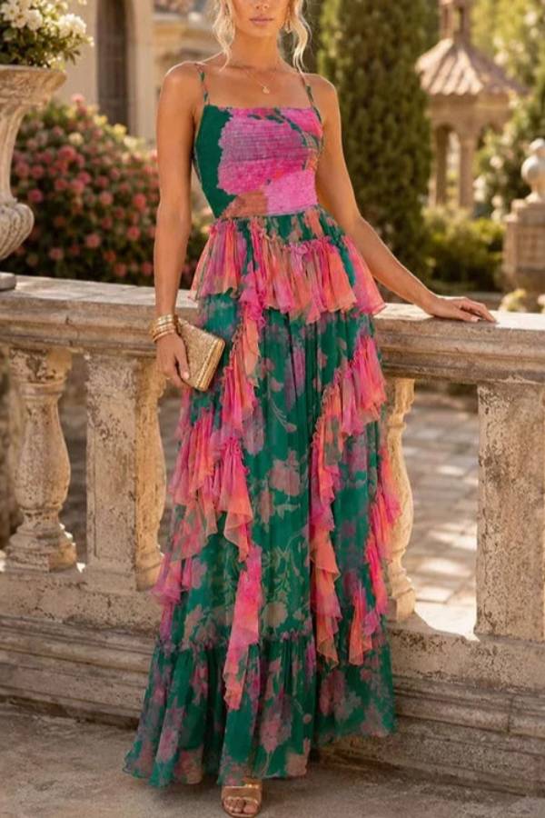 Color‑block Floral Print Tiered Ruffle Cami Maxi Dress