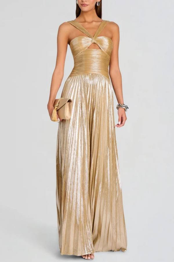 Halter Twist Cutout Metallic Pleated Long Evening Gown