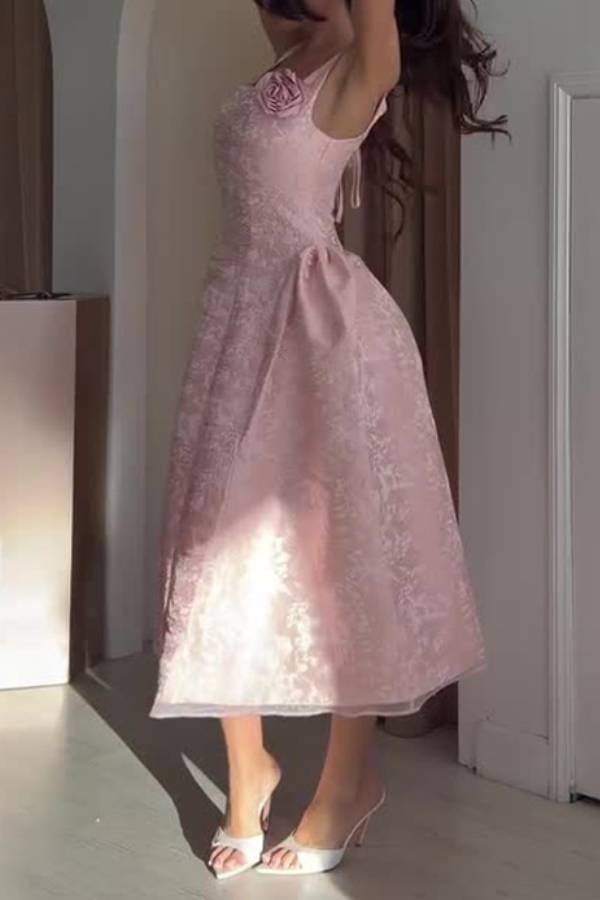 Pink 3D Floral Jacquard Midi Evening Dress