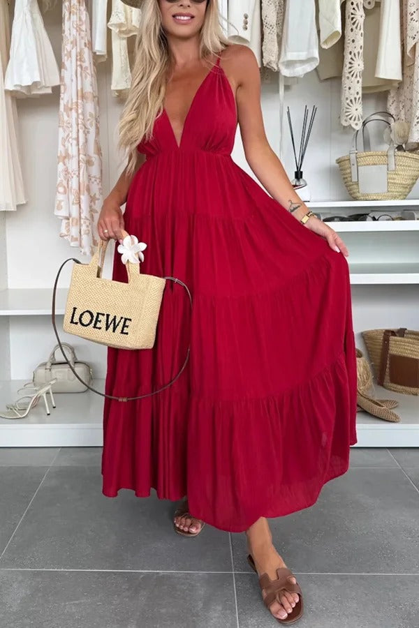 Bohemian Style V-neck Backless Slip Layered Vacation Maxi Dress