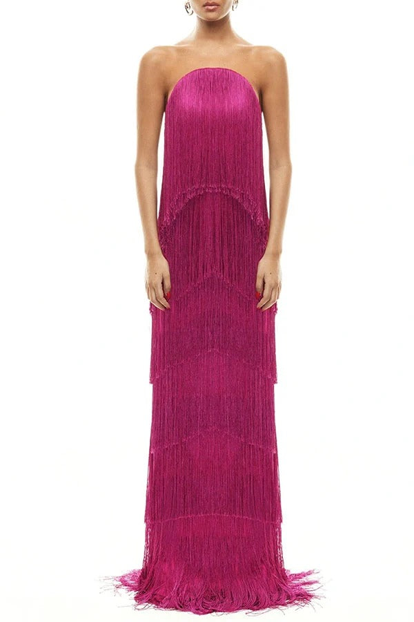 Party Queen Layered Tassel Design Off Shoulder Back Tie-up Maxi Dress