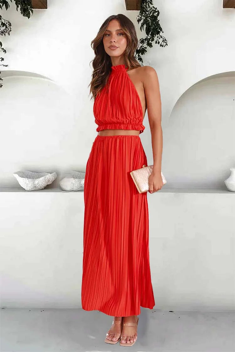 Tied Up Halter Neck Backless Crop Top Slit Maxi Skirt Pleated Slim Matching Sets