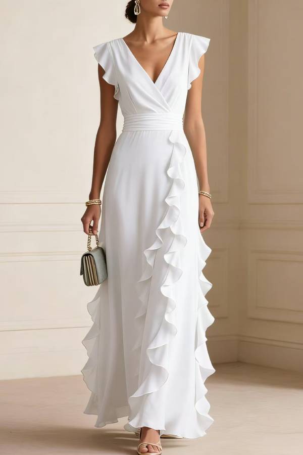 V‑Neck Ruffle Cap Sleeve Wrap Waist Chiffon Long Evening Dress