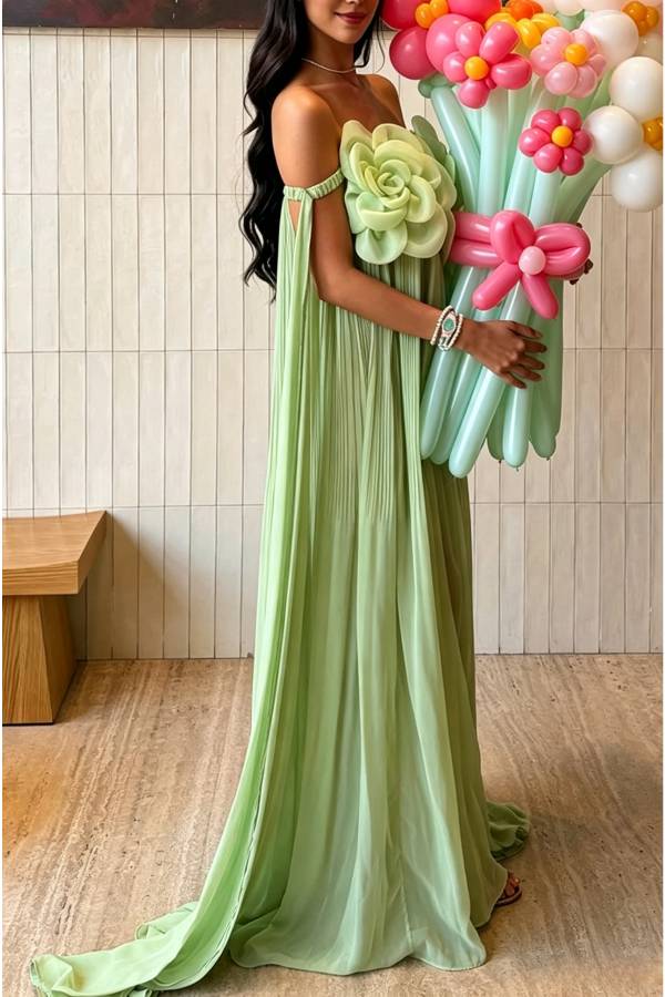 Jaclyn Sheer Tulle 3D Floral Embellishments Sculpted Pleated Strapless Maxi Dress