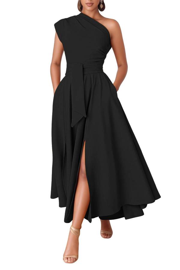 Black one-shoulder fitted waist full skirt