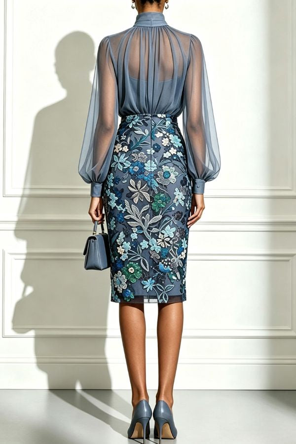 Analie Chiffon High Neck Lantern Sleeve Floral Sequined Hem Sheath Midi Dress
