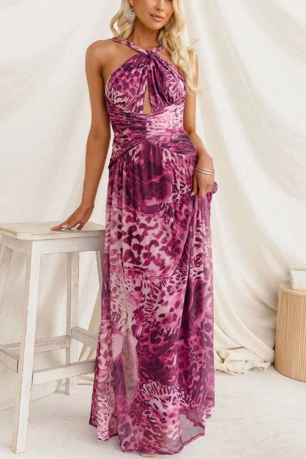Purple Leopard Print Halter Twist Cut‑Out Waist Chiffon Maxi Dress