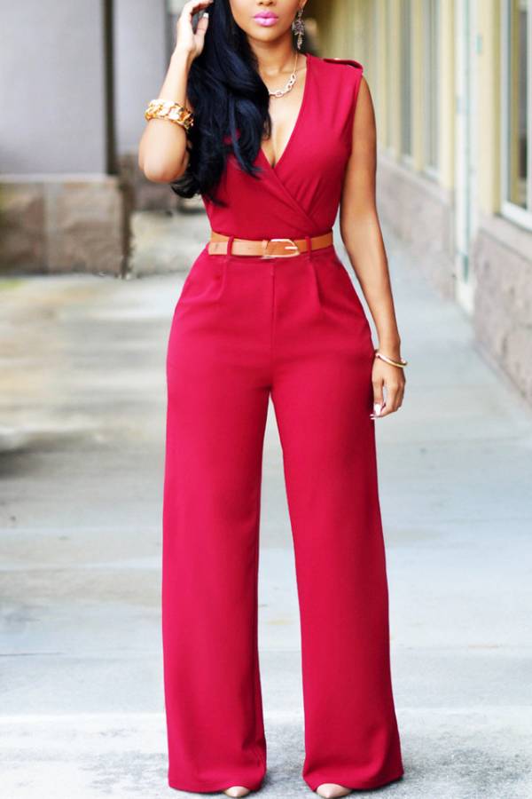 Deep V Sleeveless Waisted Wide-Leg Jumpsuit