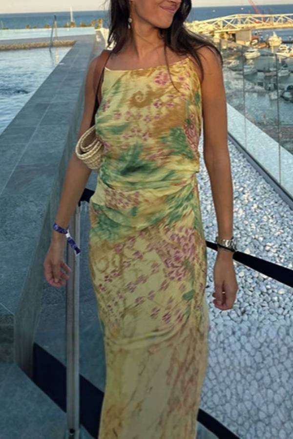 Watercolor Print Slip Maxi Dress
