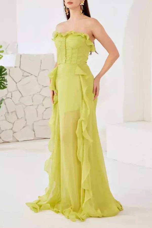 Lemon Yellow Strapless Corset Ruffled Slit Evening Gown
