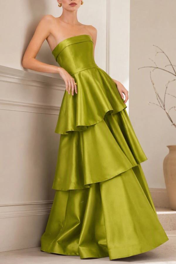 Strapless Tiered Satin Maxi Evening Gown