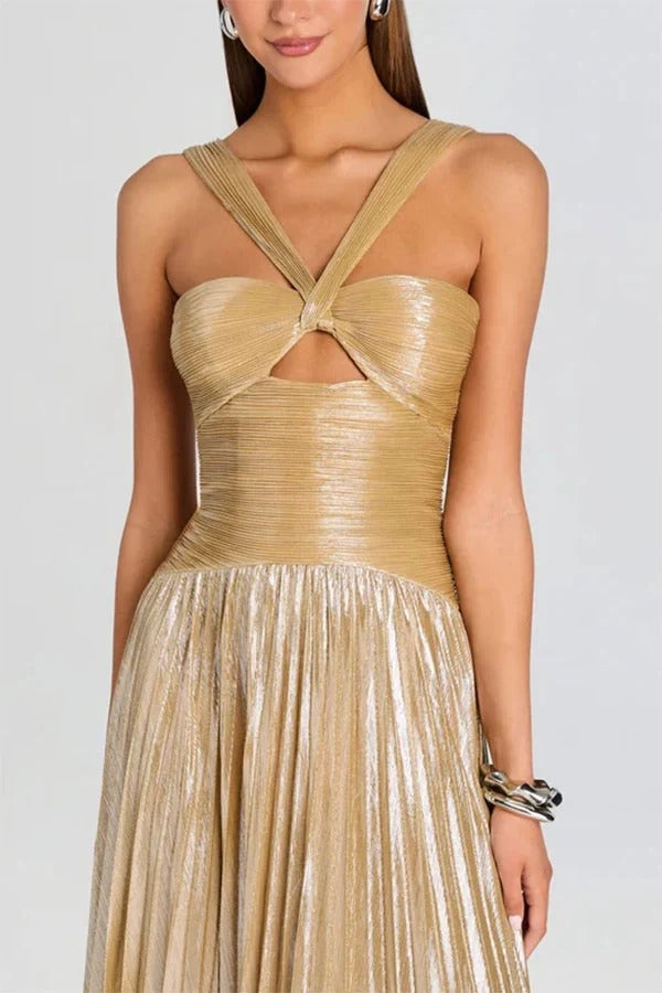Solace Pleated Metallic Fabric Halter Neck Cutout Flowy Maxi Dress