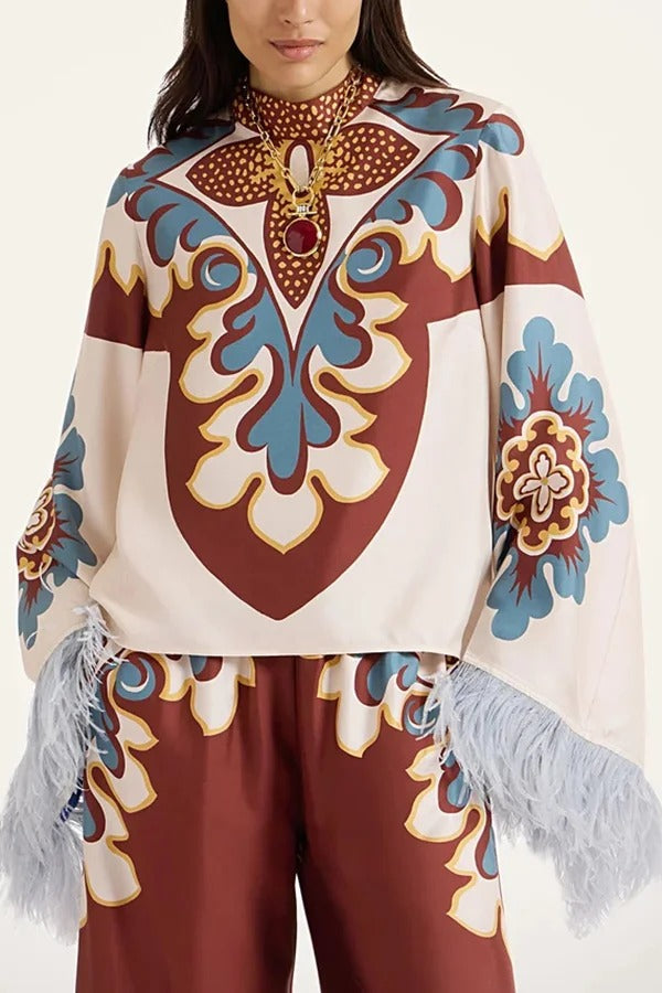 Bohemian Dreams Unique Print High Neck Feather Trim Bell Sleeve Top